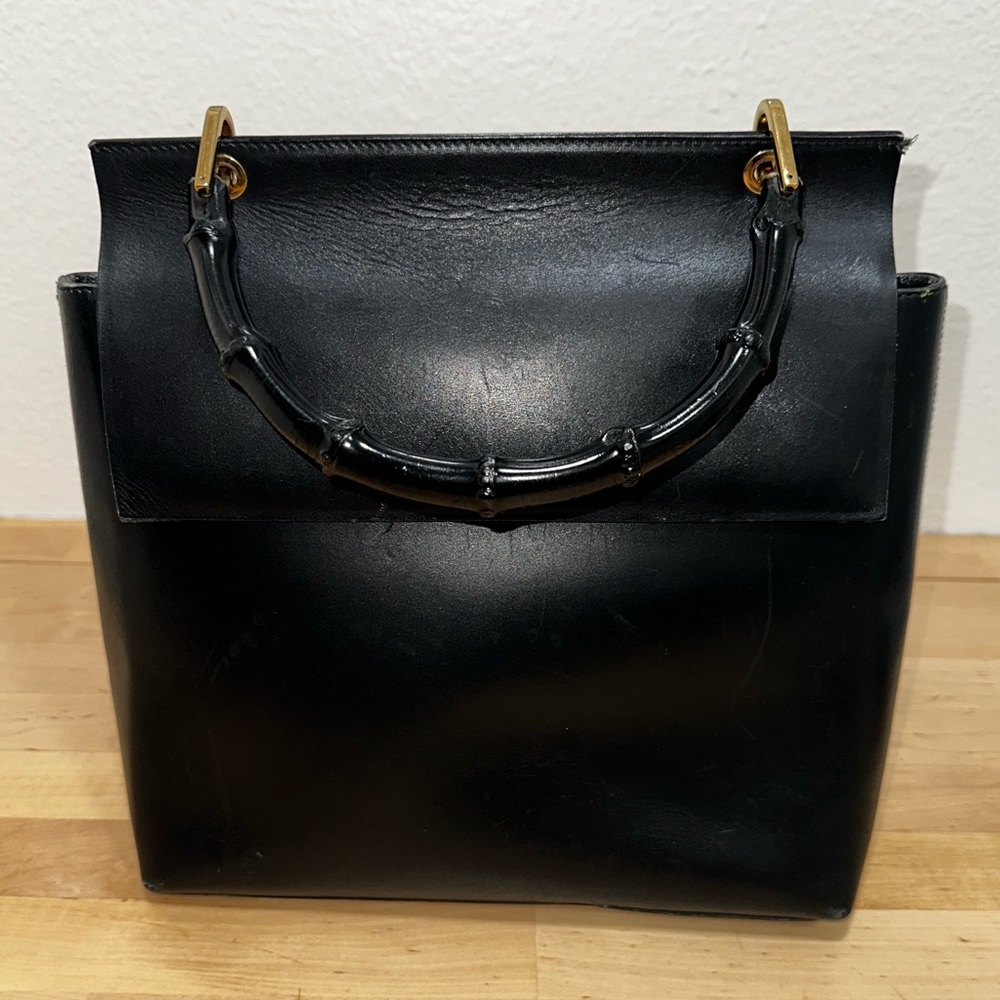 Vintage Gucci Black Leather Handbag with Bamboo Handle